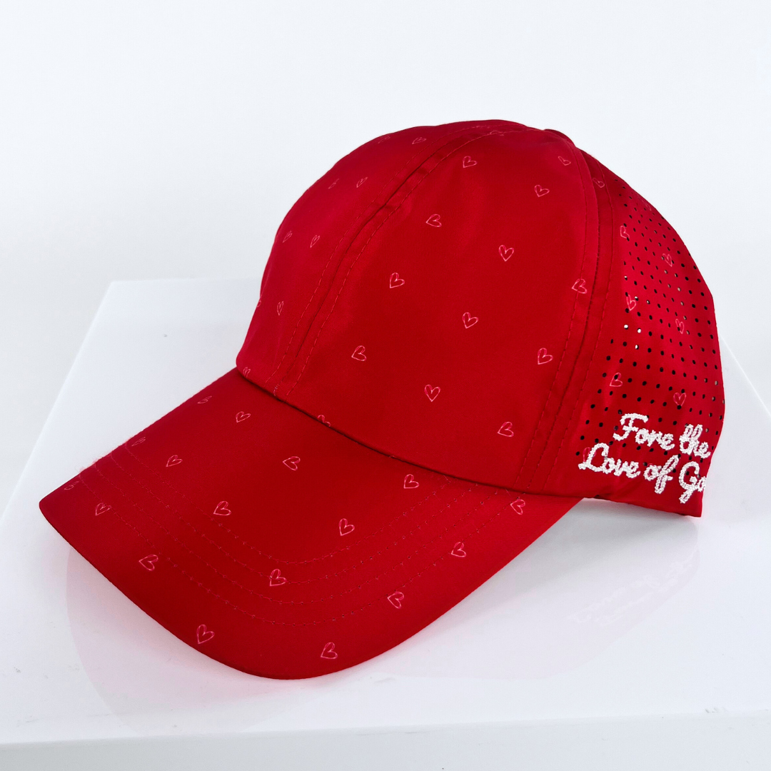 Fore the Love of Golf, Crimson Hearts, Sun Goddess Cap, Tuck-In Strap, UPF 50+ - VIMHUE